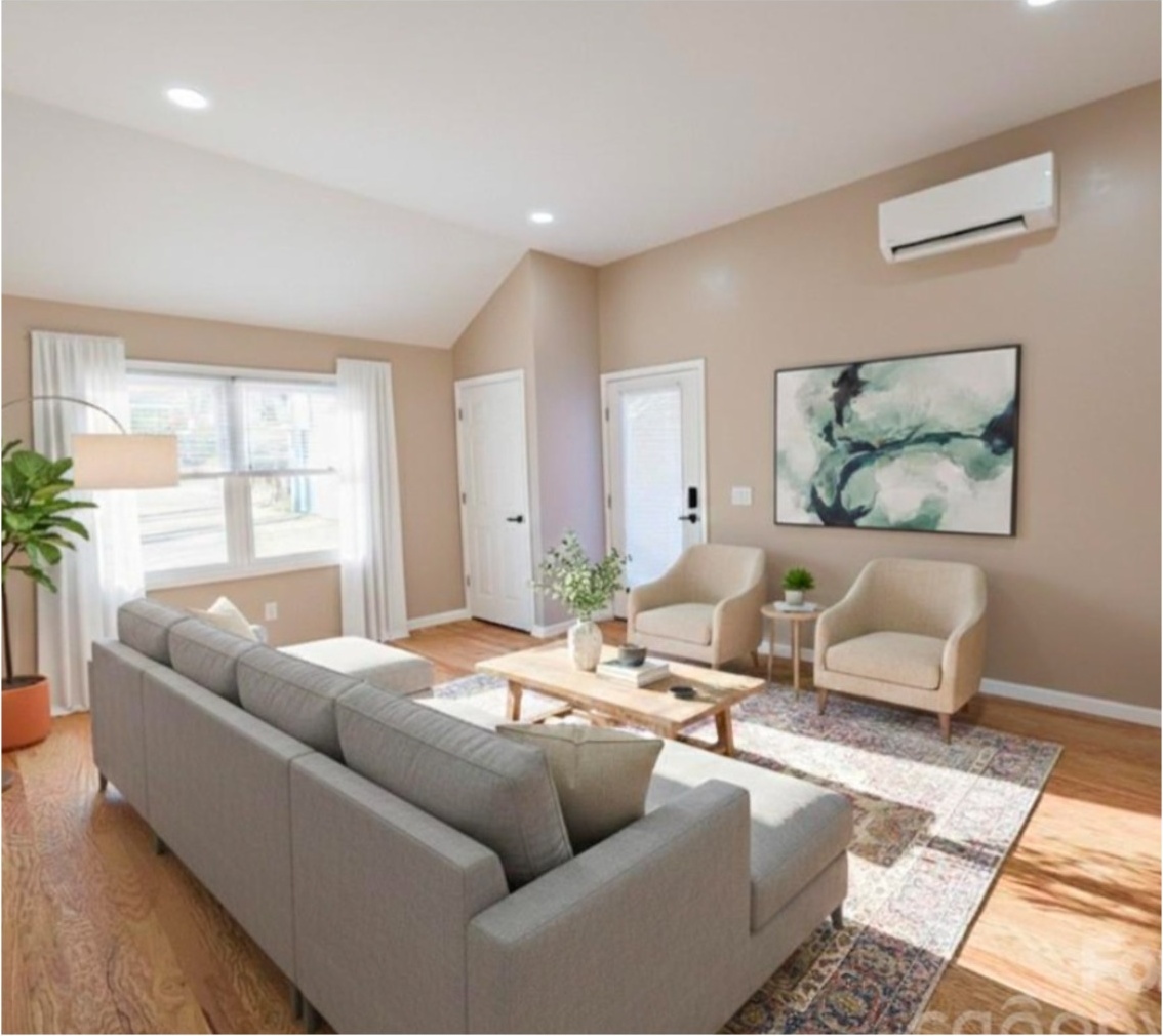 After: garage interior and completed living room