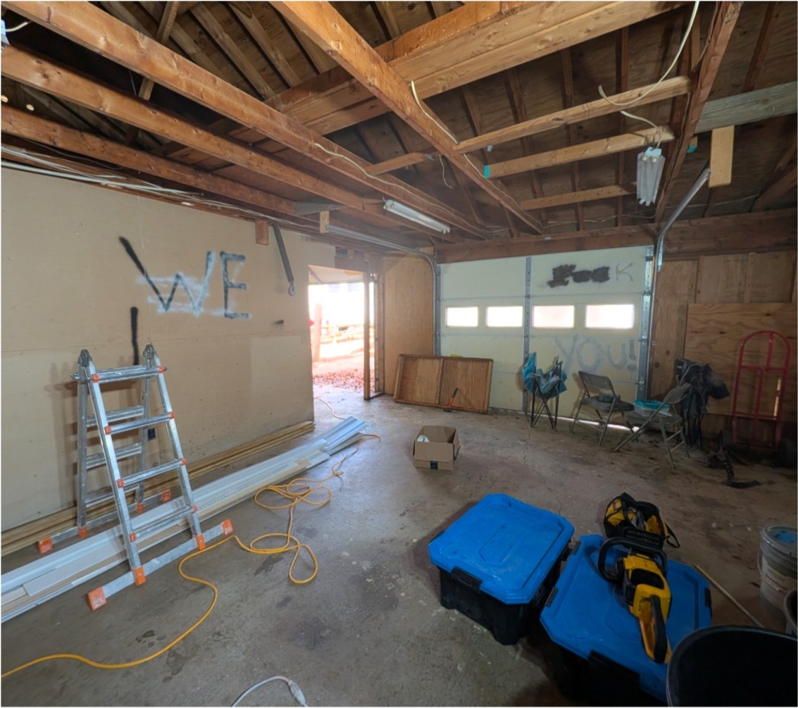 Before: garage interior and completed living room